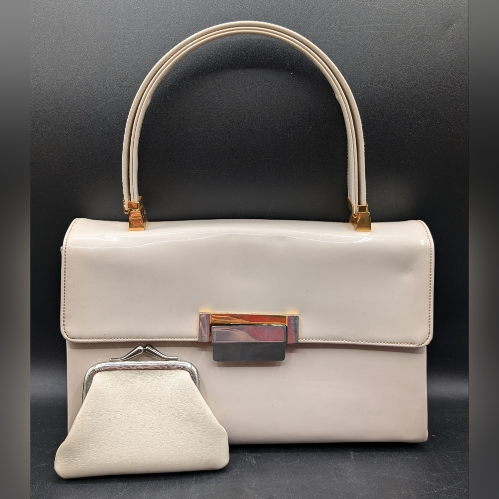 Vintage Cream Patent Leather Koret Top Handle Purse Bag With Coin purse, EUC